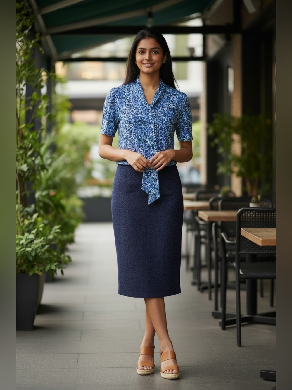 NWT Michael Michael Kors Blue Floral Tie Neck Blouse M - Picture 10 of 11